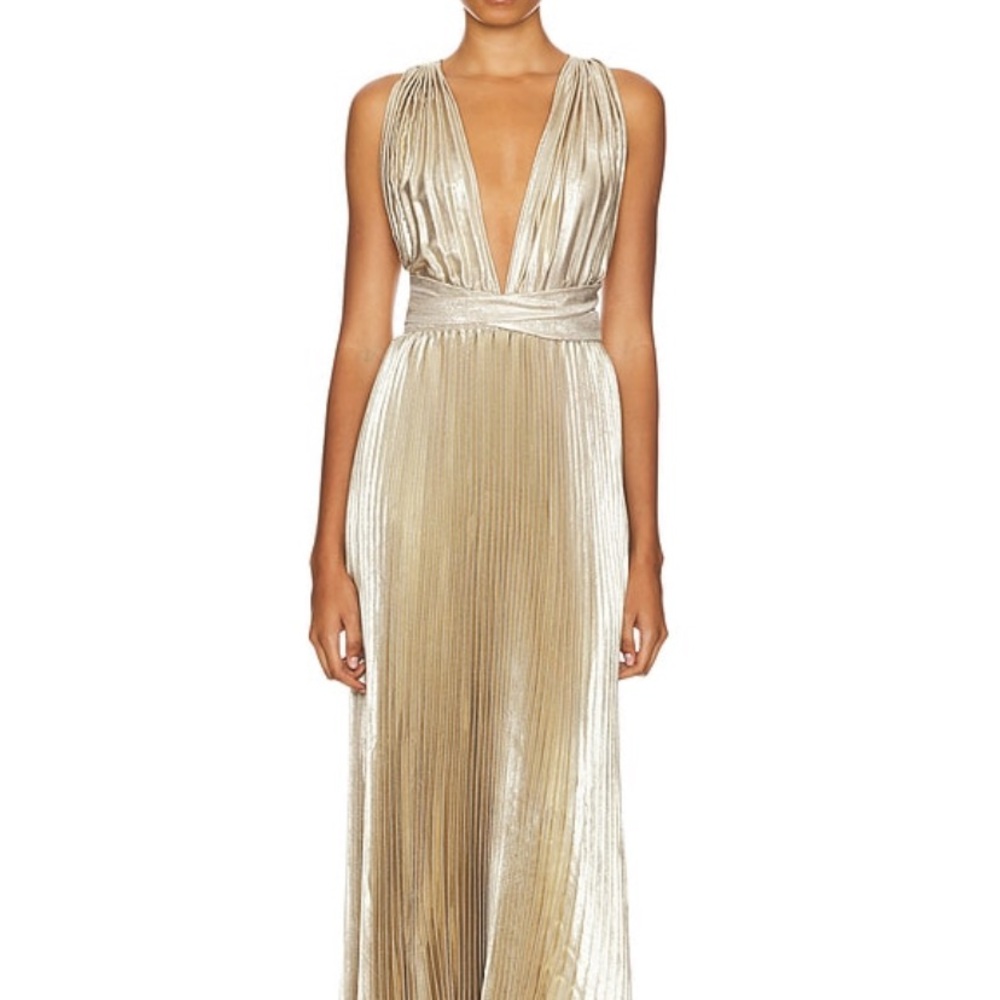 Gold Shimmer Moderniste Maxi Gown with Plunge Neckline for Cocktail (Revolve) by